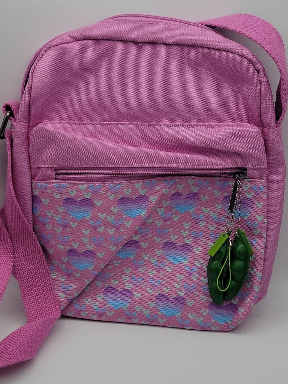 Pink hearts crossbody bag, Pusheen charm, zip closure, adjustable strap, women